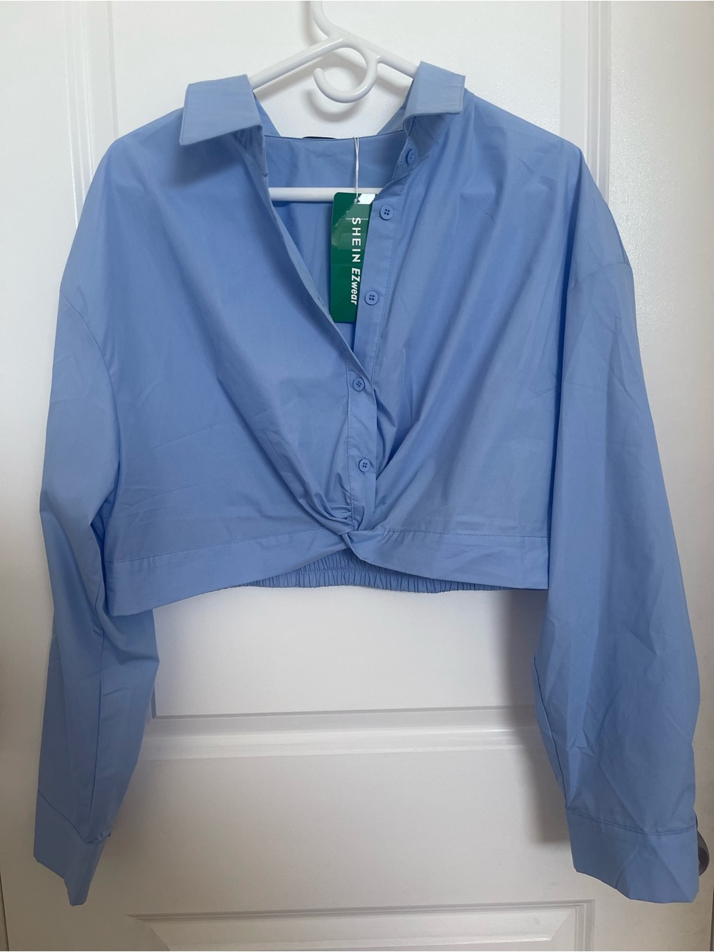 3 for $15 - SHEIN Light Blue Cropped Twist-Front Button-Down Shirt